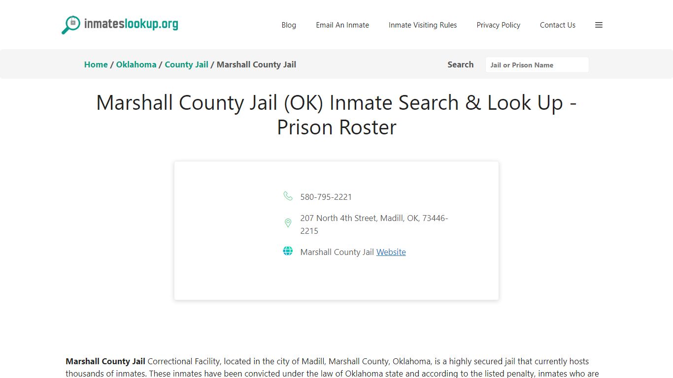 Marshall County Jail (OK) Inmate Search & Look Up - Prison Roster